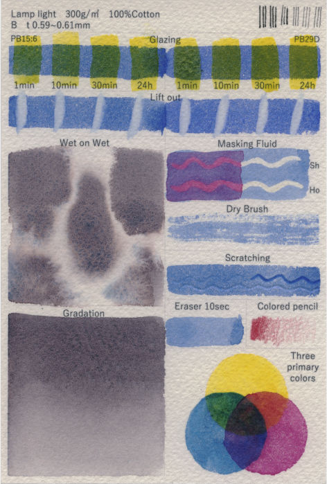 ランプライト水彩紙　裏面　様々な技法試し　紙目強調加工