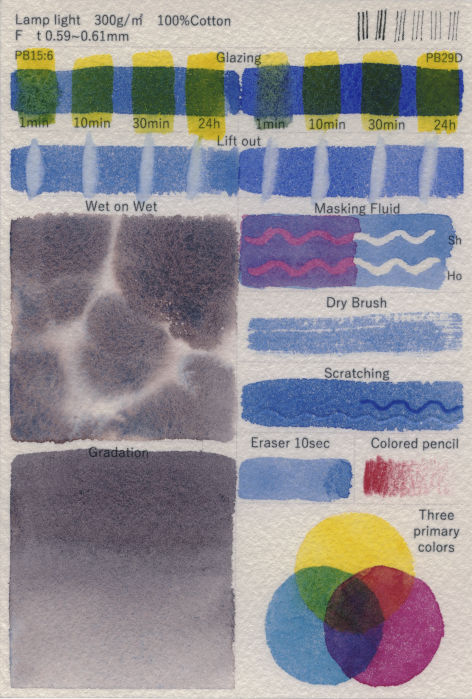 ランプライト水彩紙　表面　様々な技法試し　紙目強調加工