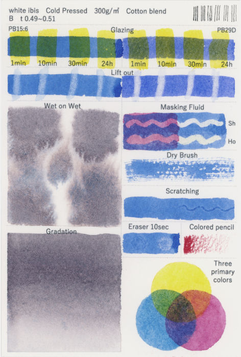 ホワイトアイビス水彩紙中目　裏面　様々な技法試し