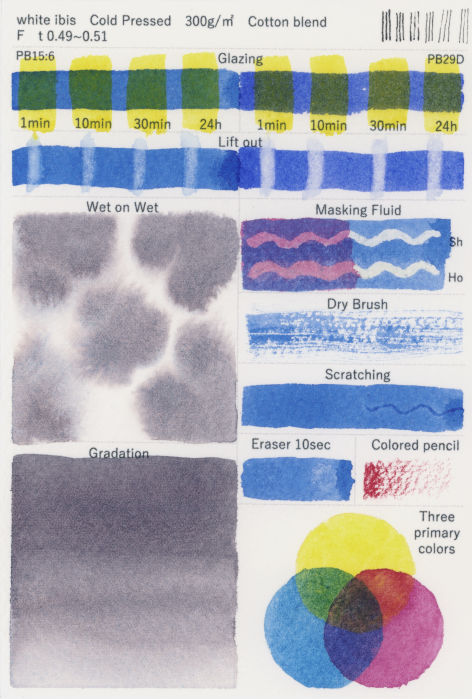 ホワイトアイビス水彩紙中目　表面　様々な技法試し