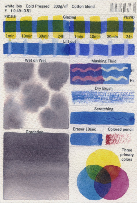 ホワイトアイビス水彩紙中目　表面　様々な技法試し　紙目強調加工